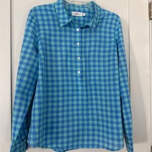 Vineyard Vines Women’s Aqua Navy Plaid Shirt 3/4 Button Up 100% cotton size 14